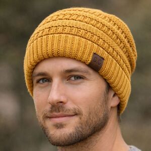C.C. Mustard Yellow Ribbed Knit Beanie Hat Unisex Winter Acrylic